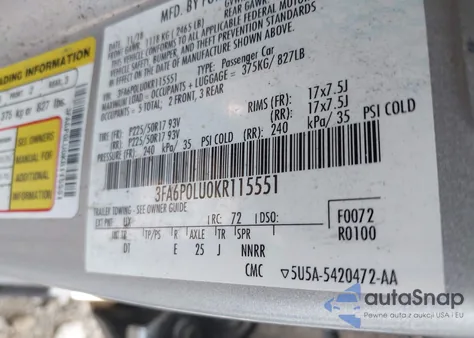 2019 Ford Fusion Hybrid Se z USA, uszkodzony, nr VIN 3FA6P0LU0KR115551